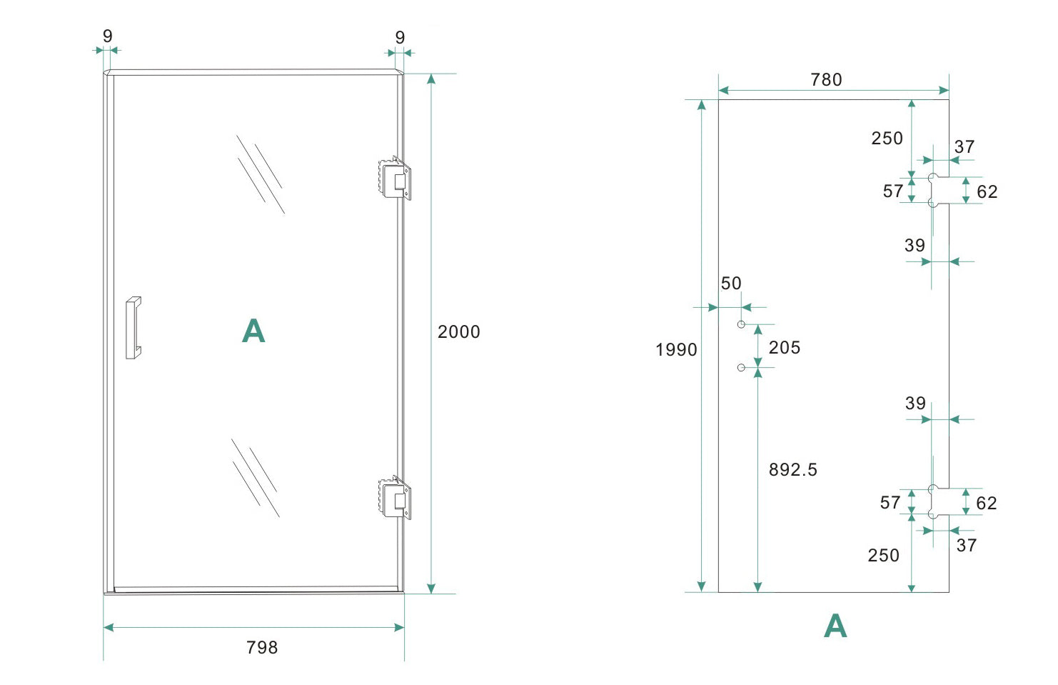 Less nisdeur rechts 800 x 2000 x 8 mm nano spiegelrook- naar helder glas/mat zwart