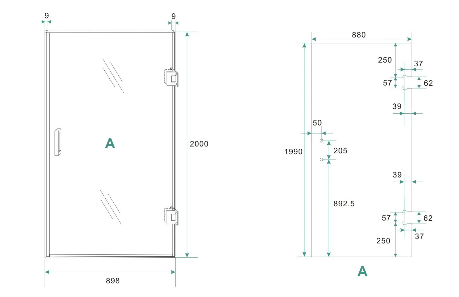 Less nisdeur rechts 900 x 2000 x 8 mm nano spiegelrook- naar helder glas/geborsteld messing