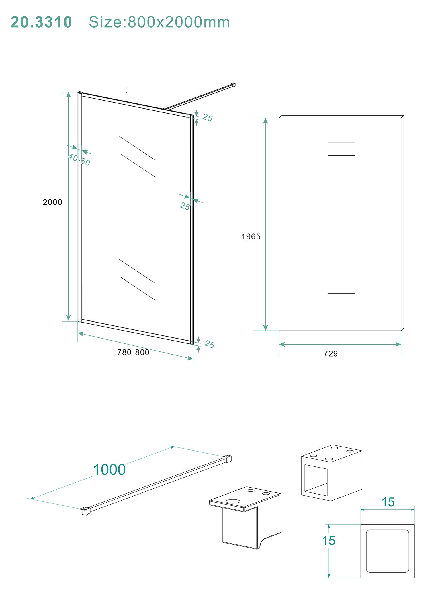 Square inloopdouche 800 x 2000 x 8 mm nano helder glas/mat zwart