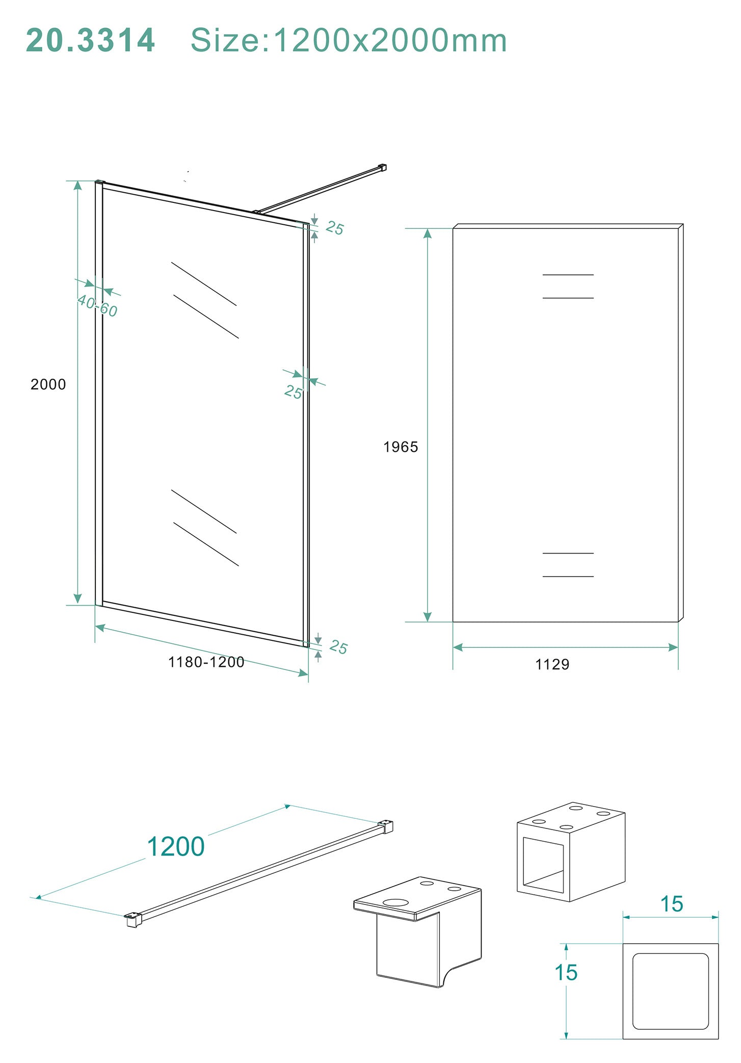Square inloopdouche 1200 x 2000 x 8 mm nano helder glas/mat zwart