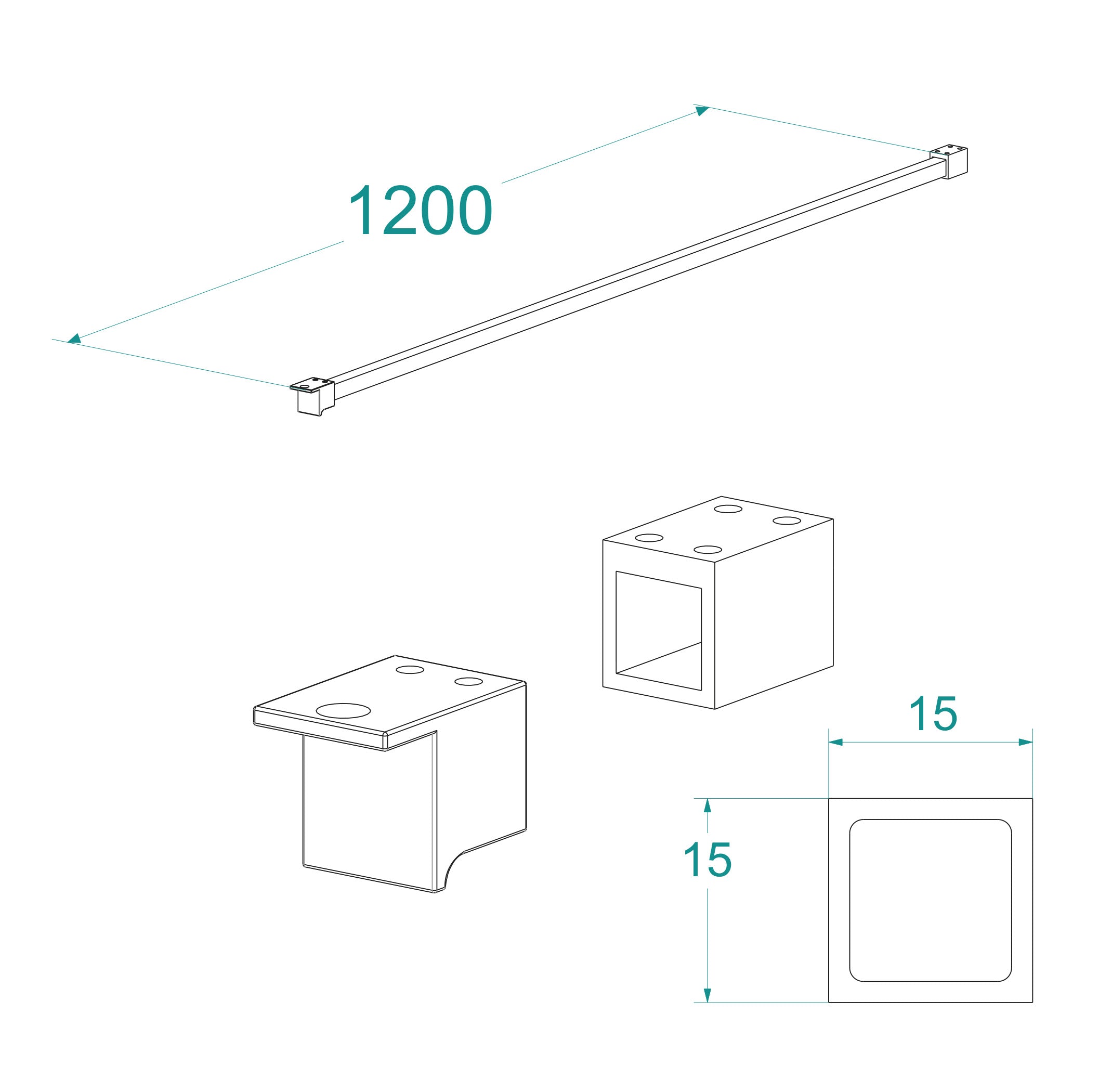 Stabilisatiestang 1200mm voor Square inloopdouche mat zwart