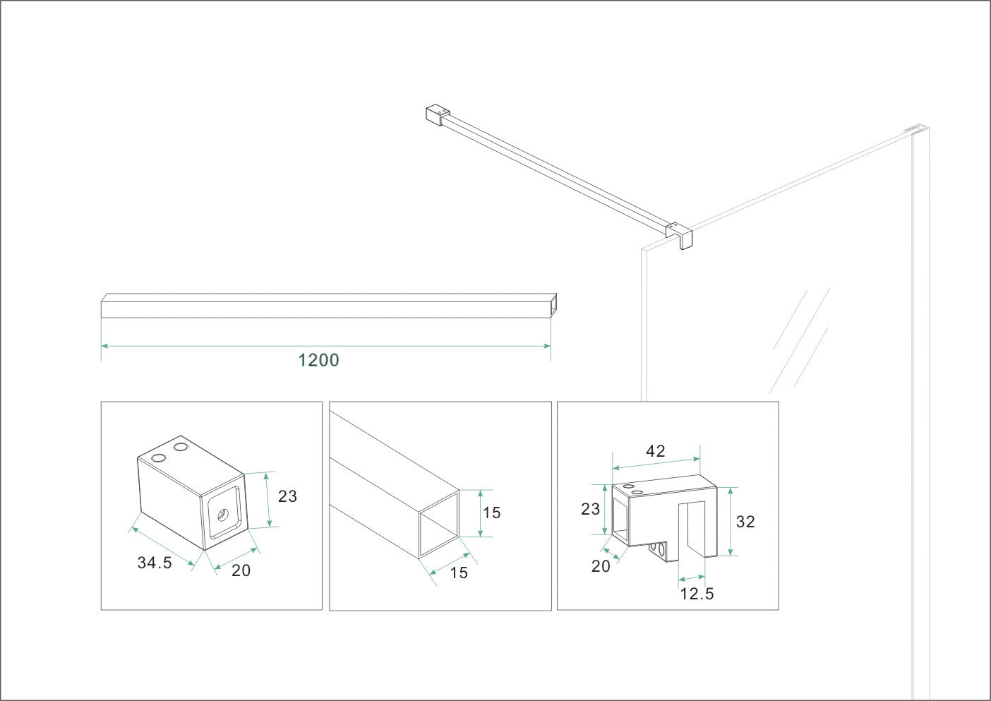Slim profielset met stabilisatiestang 120 cm geborsteld brons koper