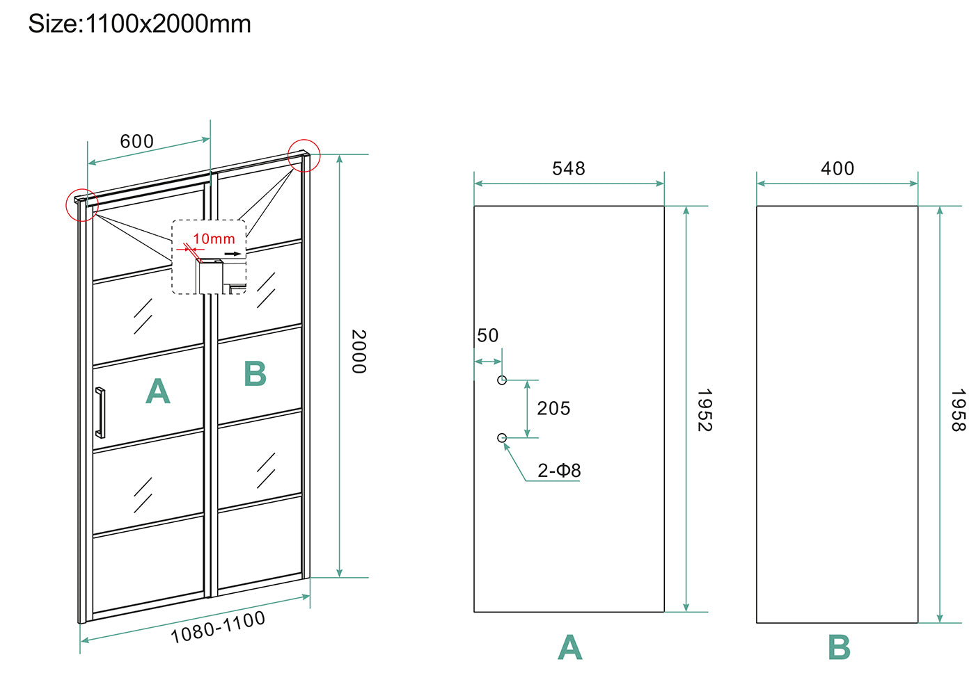 Horizon nisdeur met vast deel en raster 1100 x 2000 x 8mm nano helder glas/mat zwart