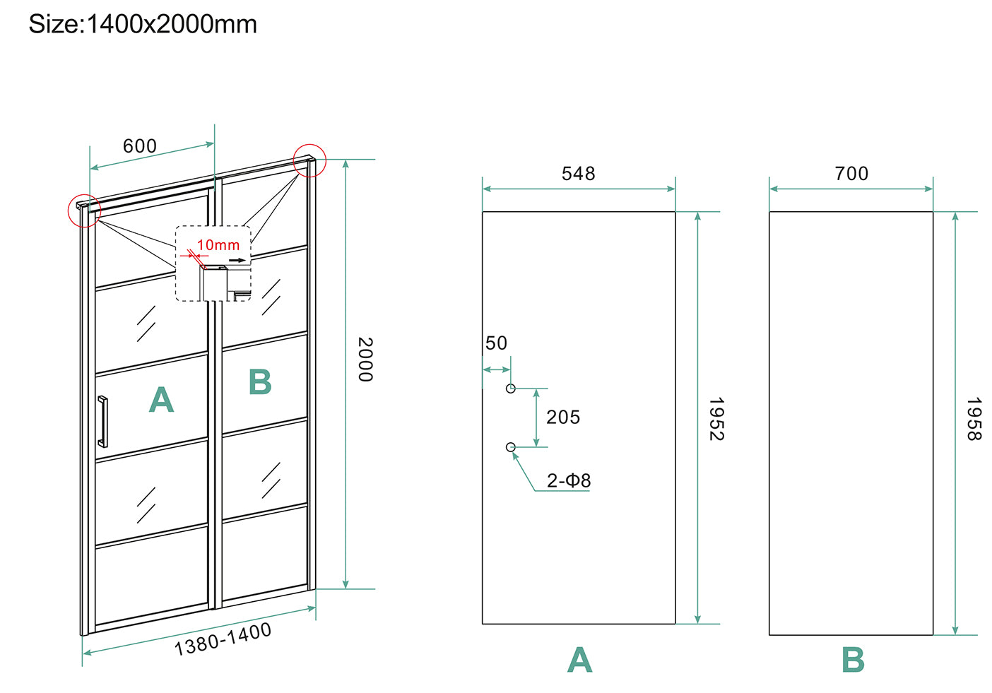 Horizon nisdeur met vast deel en raster 1400 x 2000 x 8mm nano helder glas/mat zwart