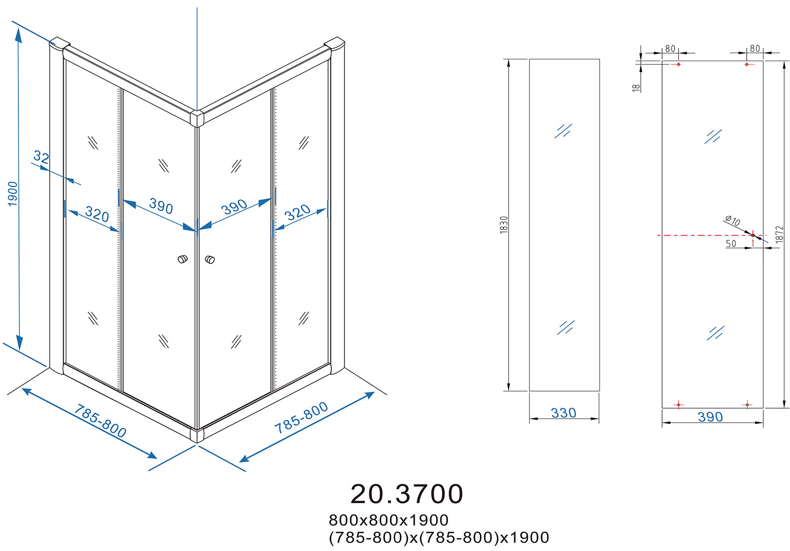 Eco hoekinstap cabine met 2 schuifdeuren 800 x 800 x 1900 x 5 mm nano helder glas/chroom