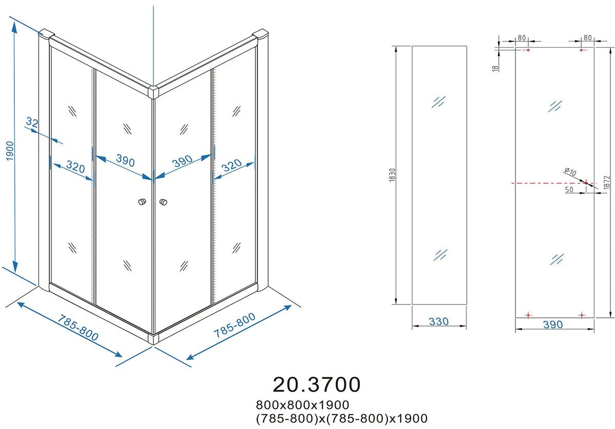 Eco hoekinstap cabine met 2 schuifdeuren 800 x 800 x 1900 x 5 mm nano helder glas/chroom