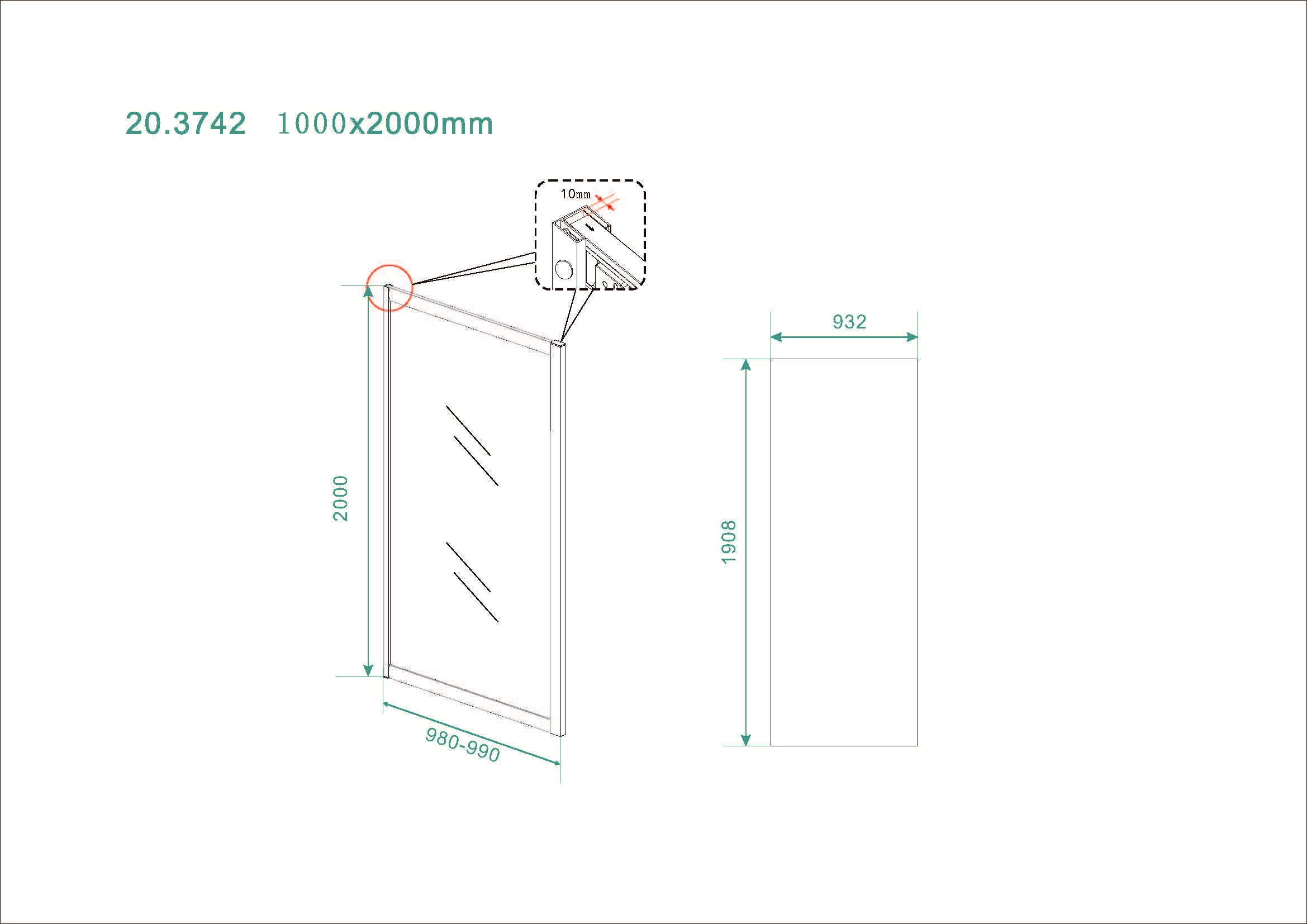 Skyline zijwand voor nis schuifdeur 1000 x 2000 x 8 mm nano helder glas/mat zwart