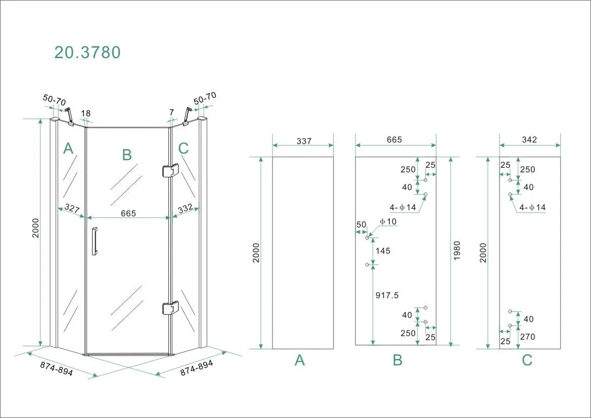 Pento cabine met 1 draaideur 900 x 900 x 2000 x 8 mm nano helder glas/chroom