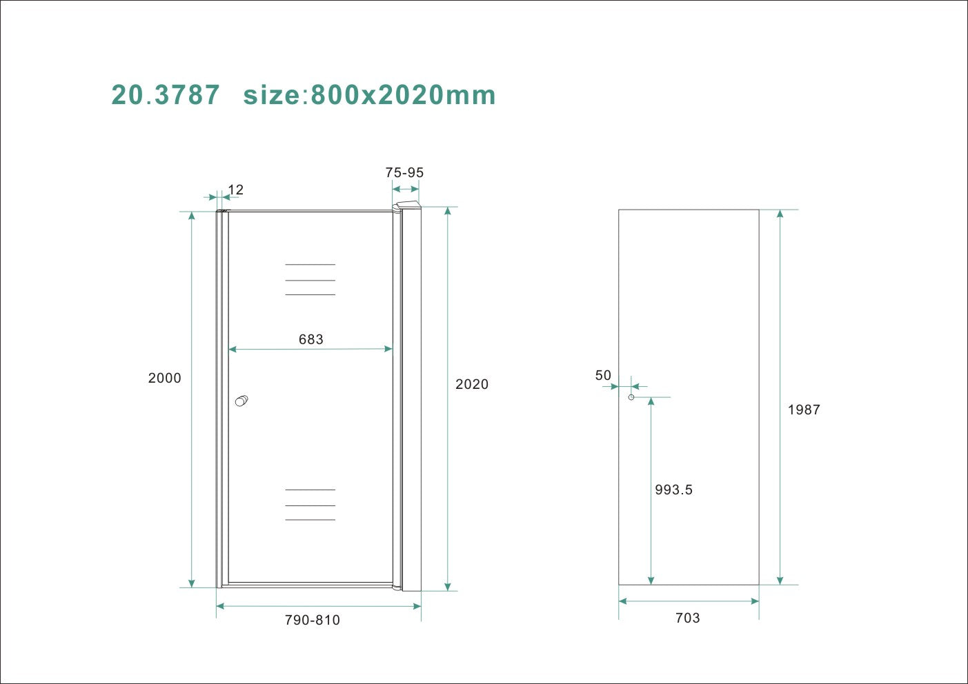 Between nisdeur 800 x 2000 x 8 mm nano rookglas/chroom