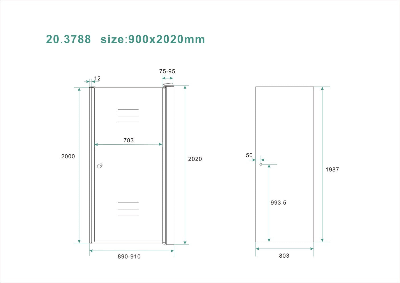 Between nisdeur 900 x 2000 x 8 mm nano rookglas/chroom
