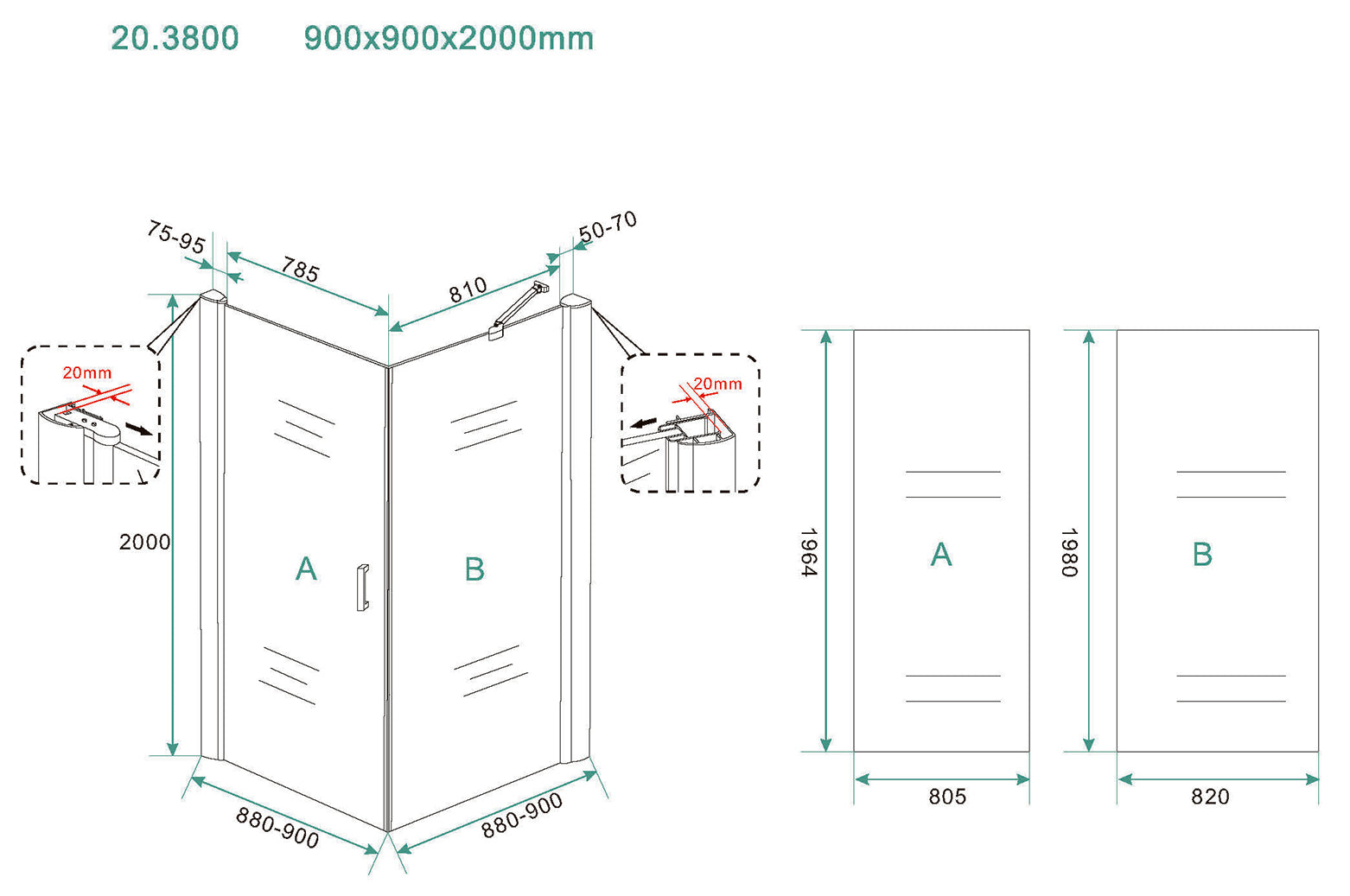 Salone cabine met 1 draaideur 900 x 900 x 2000 x 8 mm nano helder glas/mat zwart