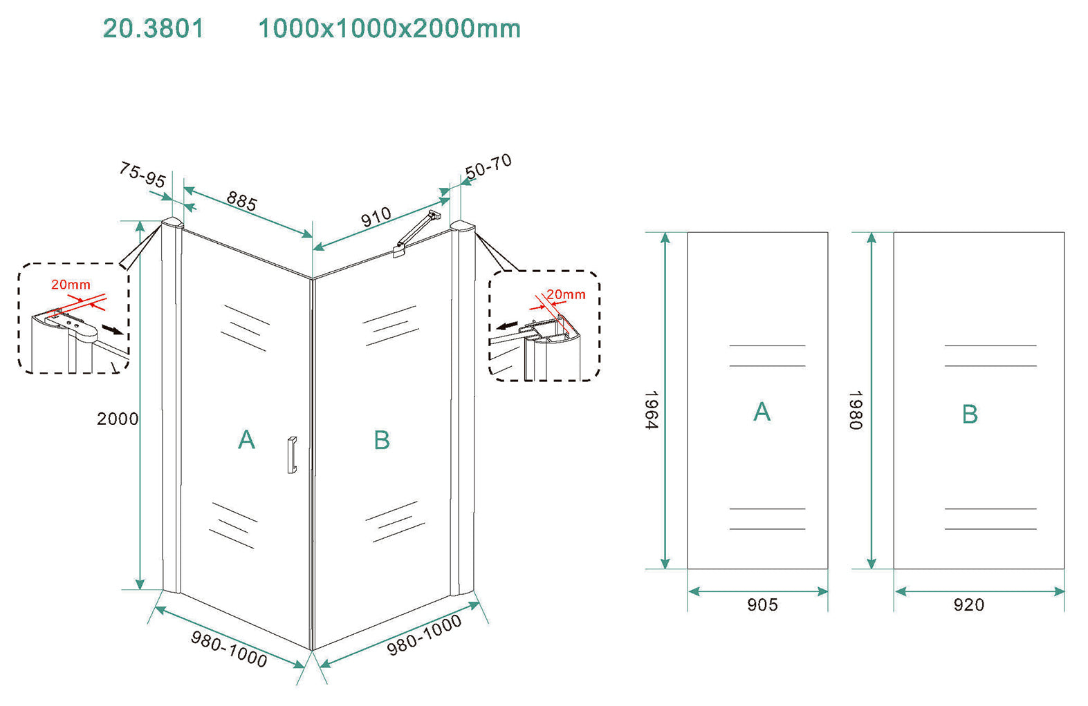 Salone cabine met 1 draaideur 1000 x 1000 x 2000 x 8 mm nano helder glas/mat zwart