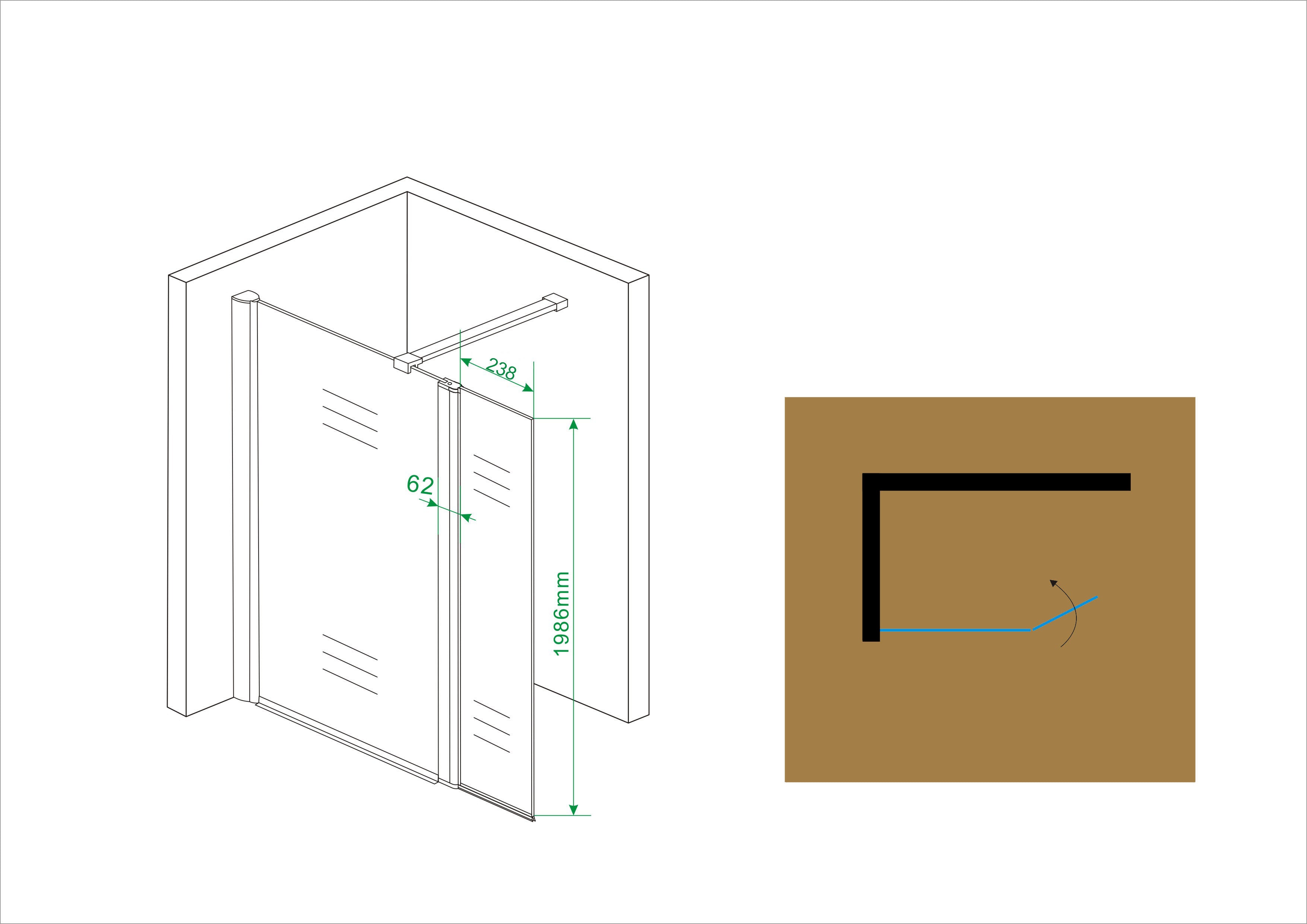 Comfort zijwand draaibaar 300 x 2000 x 10 mm nano helder glas/chroom