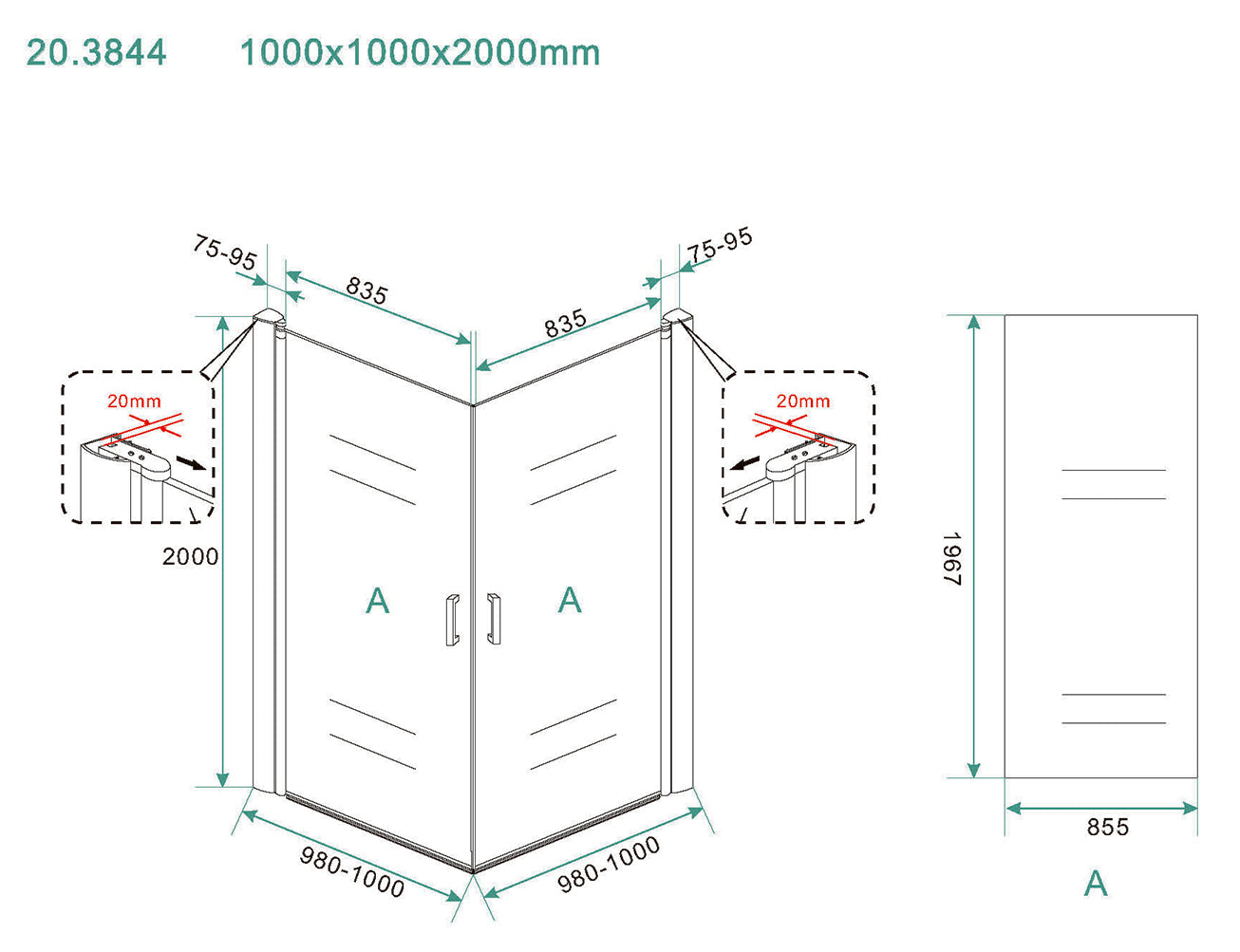 Salone cabine met 2 draaideuren 1000 x 1000 x 2000 x 8 mm nano helder glas/chroom