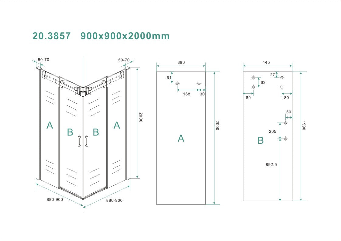 Entra hoekinstap cabine met 2 schuifdeuren 900 x 900 x 2000 x 8 mm nano helder glas/chroom