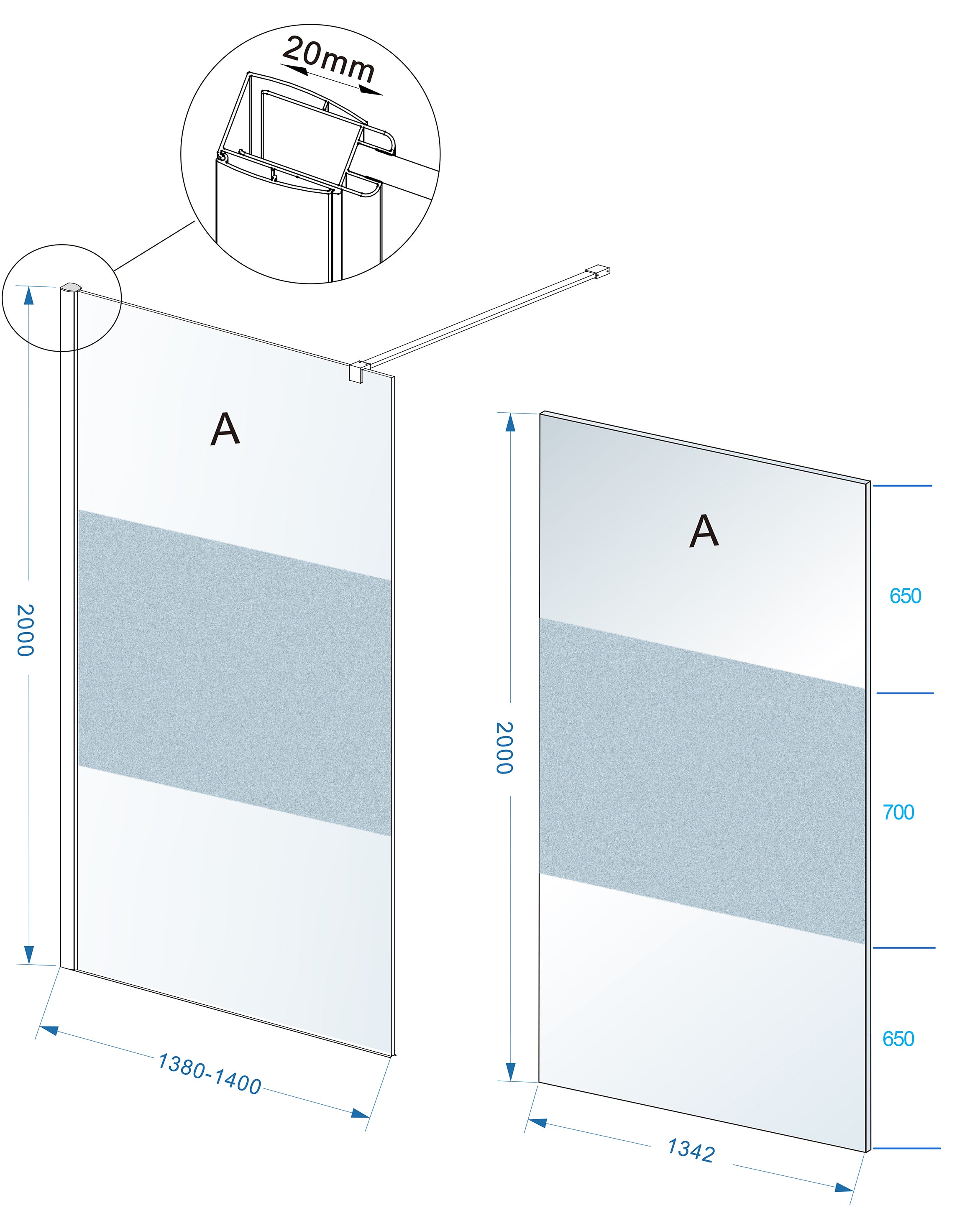 Comfort inloopdouche 1400 x 2000 x 8 mm nano helder glas met melkglas middenband/chroom