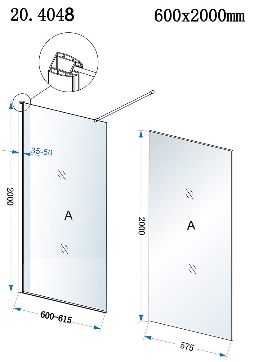 Eco inloopdouche 600 x 2000 x 8 mm nano helder glas/chroom