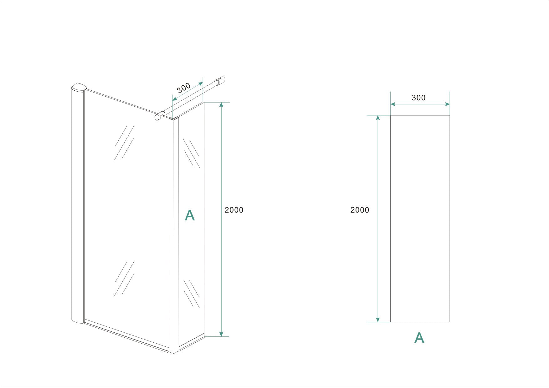 Eco zijwand met hoekprofiel 300 x 2000 x 8 mm nano helder glas/chroom