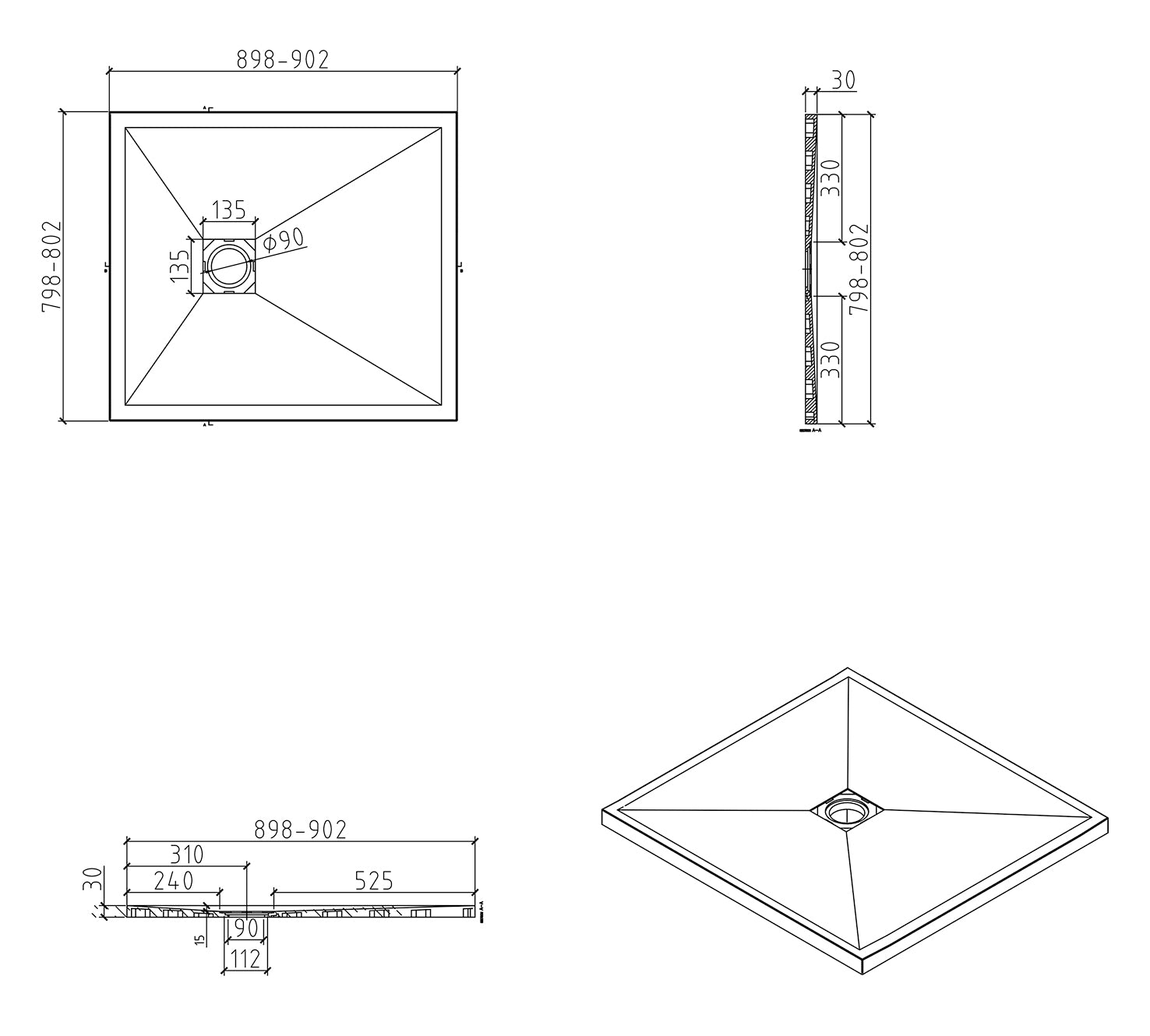 Stonea douchebak antislip composiet 800x900x30 mm inkortbaar beige