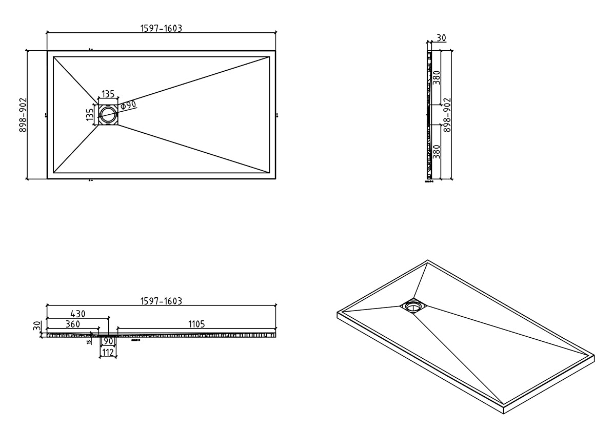 Stonea douchebak antislip composiet 900x1600x30 mm inkortbaar beige