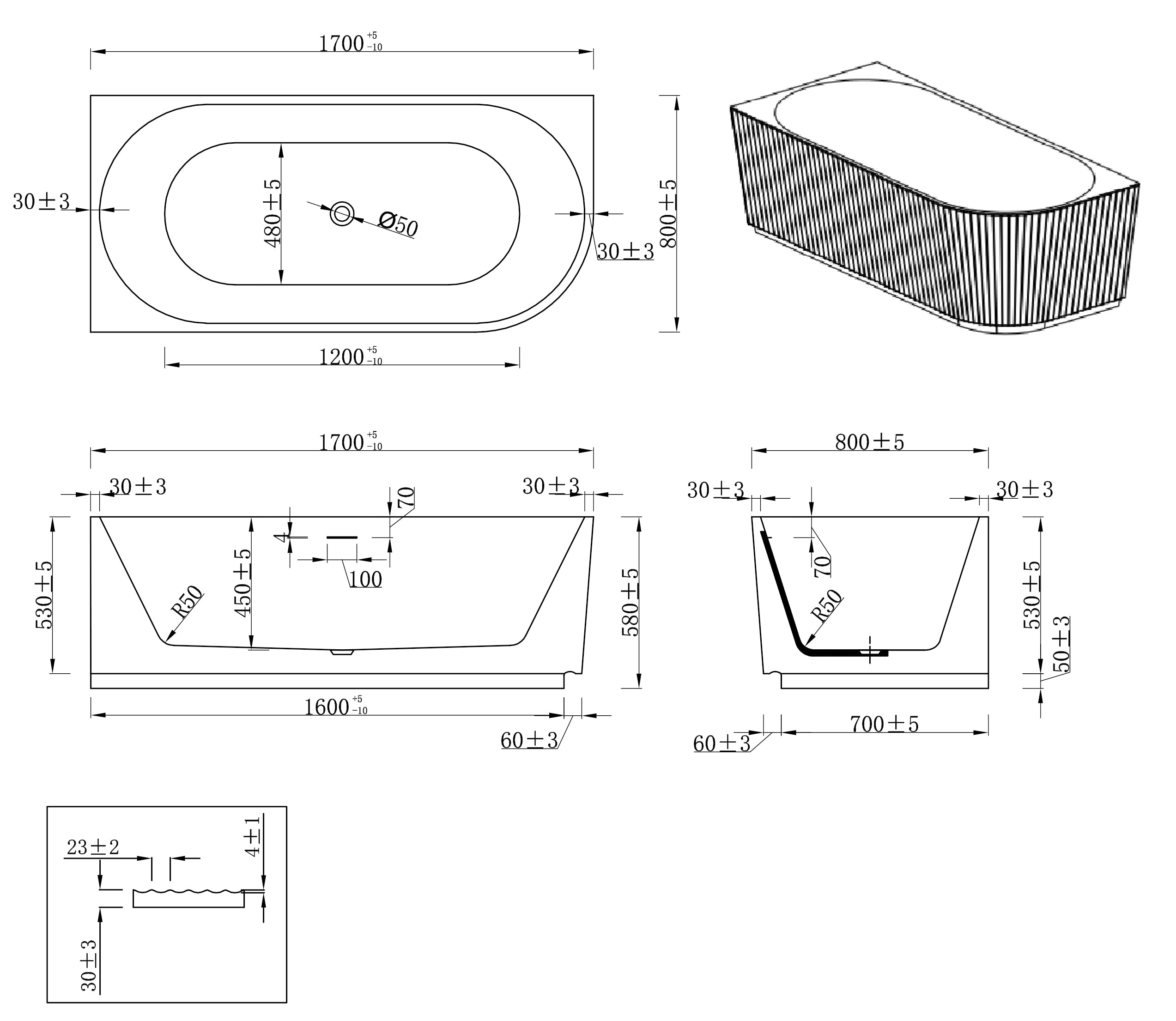 Rivi hoekbad links 170 x 80 cm acryl glans wit met waste glans wit