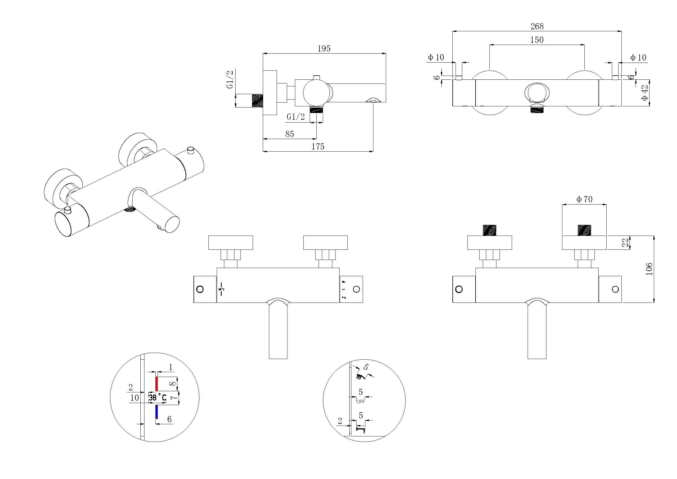 Style thermostatische badmengkraan cooltouch geborsteld staal PVD