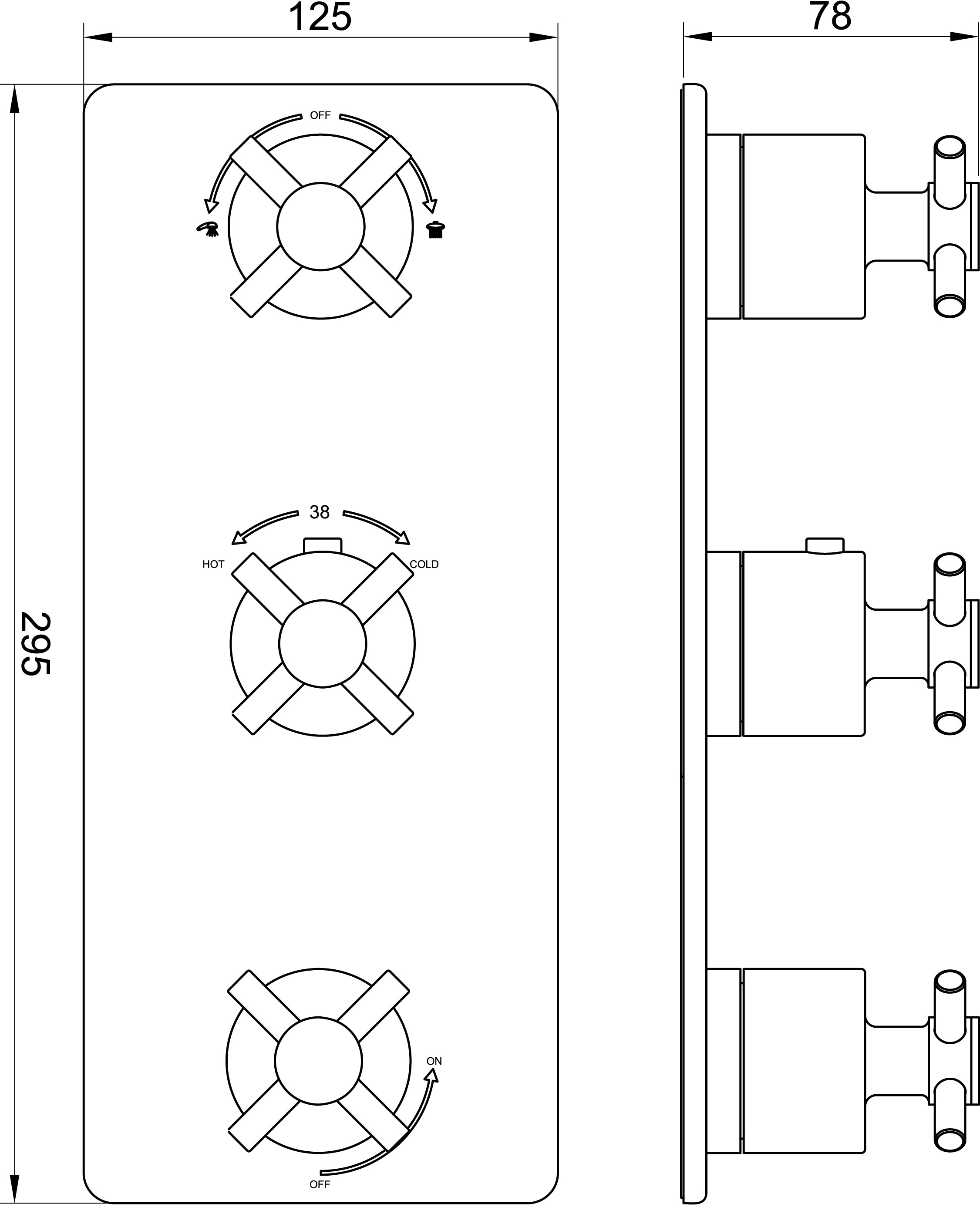 Cross afbouwdeel inbouwthermostaat 3 weg geborsteld staal PVD