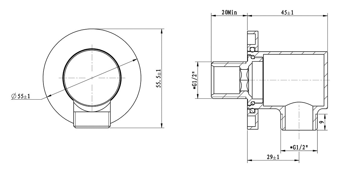 Wiesbaden UniMatch wandaansluitbocht rond 1/2" mat zwart, maattekening