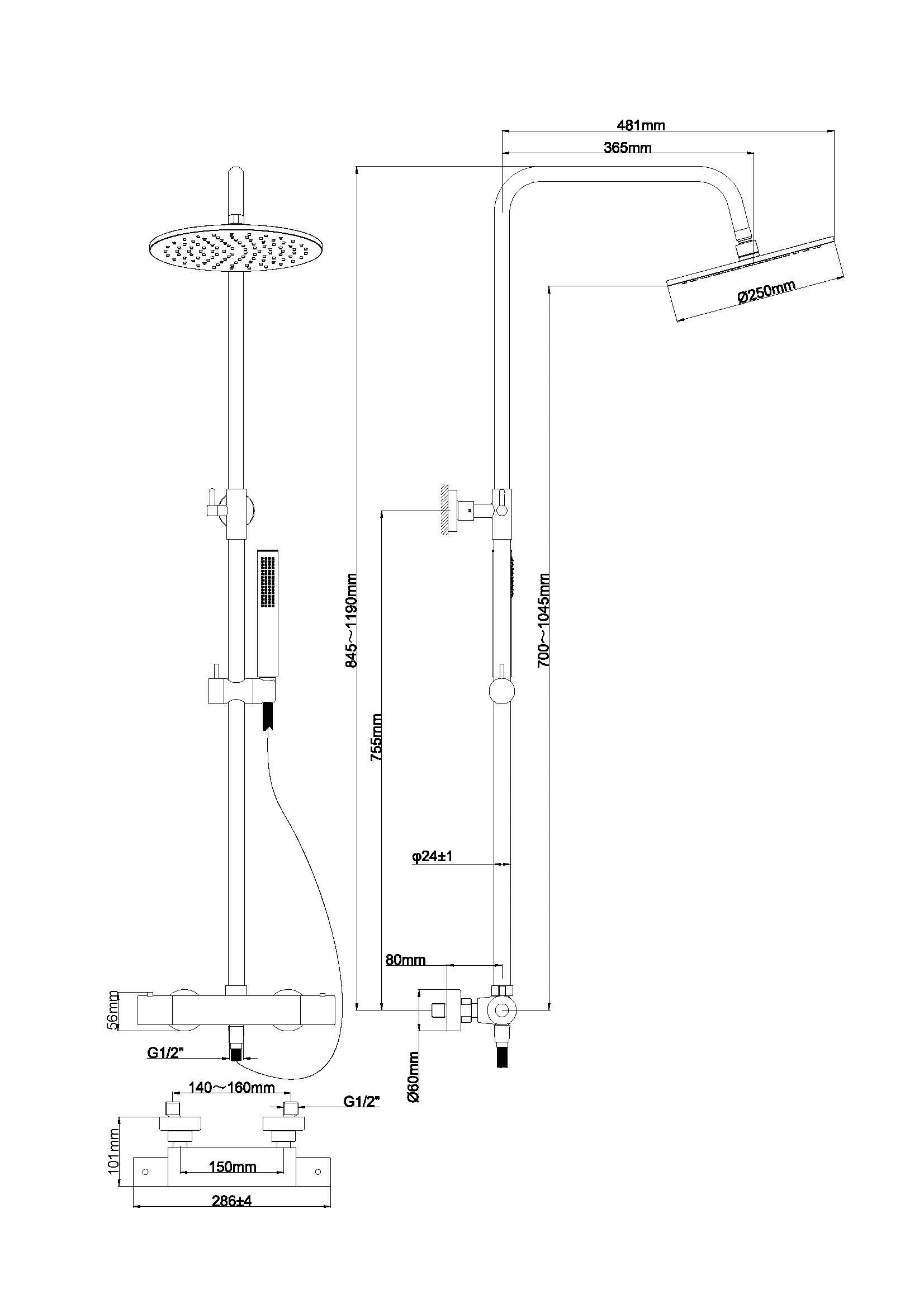 Caral thermostatische regendoucheset opbouw mat zwart