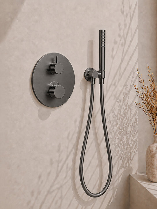 Wiesbaden caral inbouwthermostaat 2 weg rond compleet met hoofddouche 30 cm en staafhanddouche gunmetal