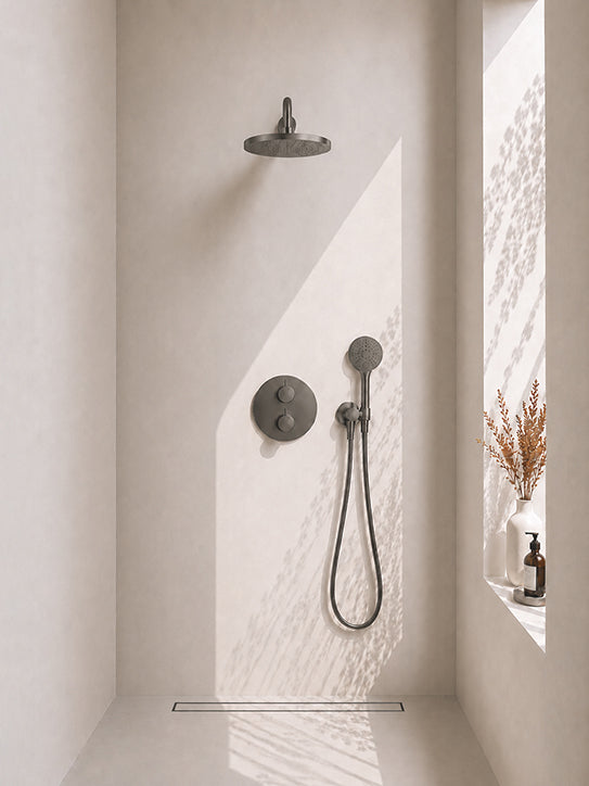 Wiesbaden caral inbouwthermostaat 2 weg rond compleet met hoofddouche 30 cm en 3 standen handdouche gunmetal
