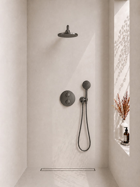 Wiesbaden caral inbouwthermostaat 2 weg rond compleet met hoofddouche 25 cm en 3 standen handdouche gunmetal