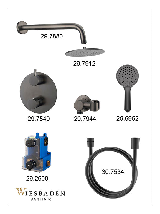 Wiesbaden caral inbouwthermostaat 2 weg rond compleet met hoofddouche 25 cm en 3 standen handdouche gunmetal