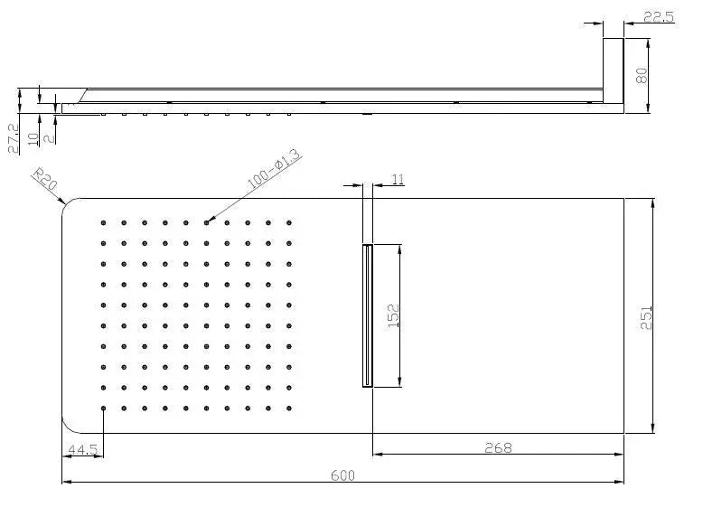 Wandhoofddouche met waterval vierkant 600 x 25 mm chroom