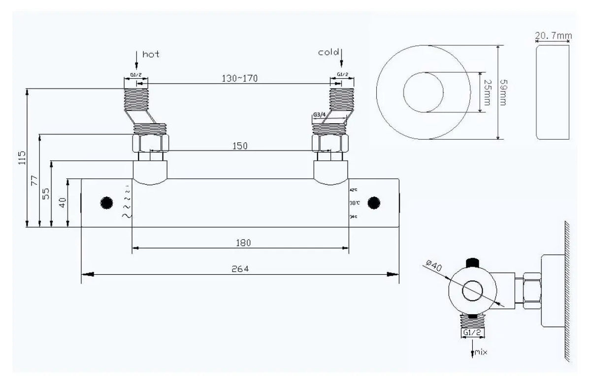 Rio thermostatische douchemengkraan 15 cm chroom