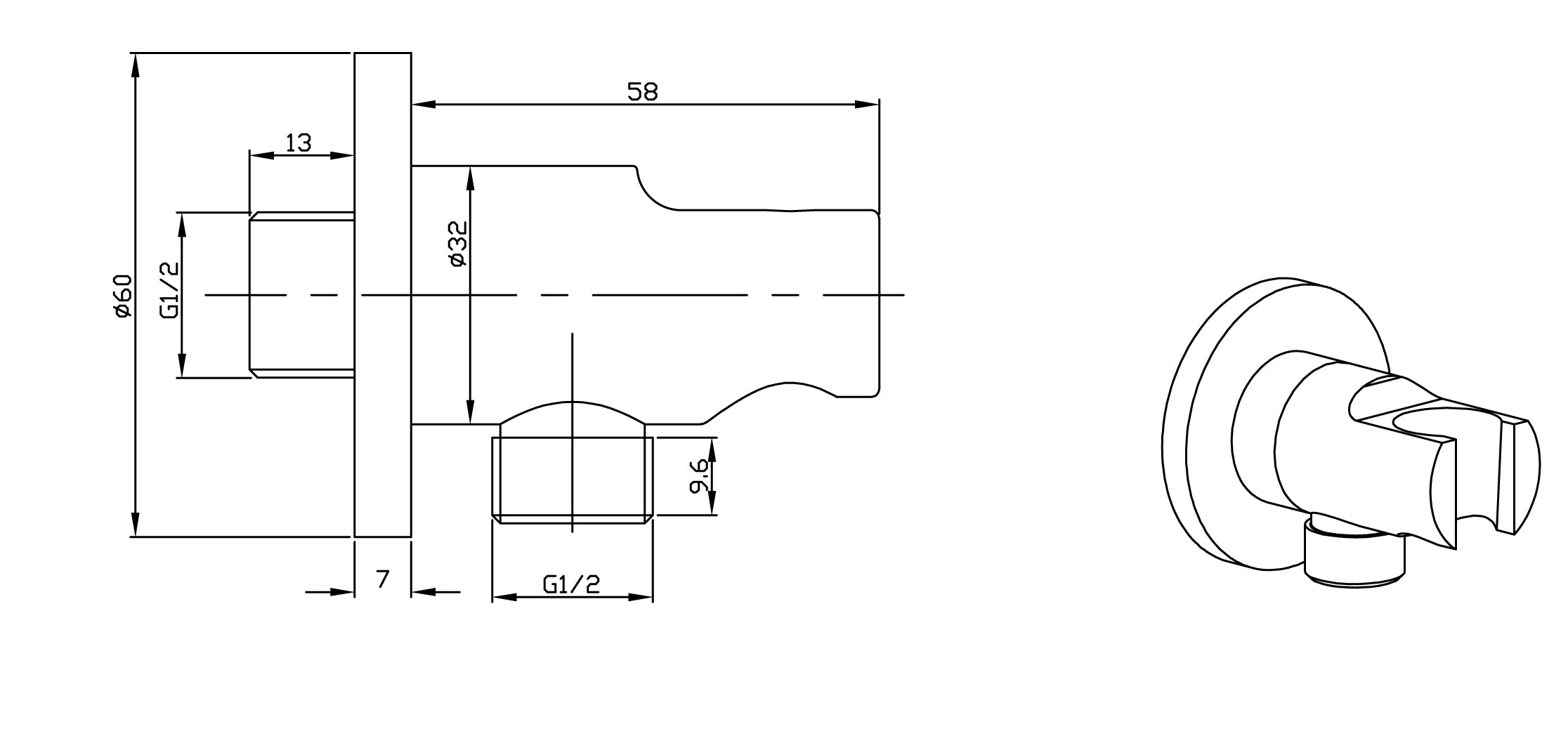 UniMatch wandaansluitbocht met handdouchehouder rond 1/2" geborsteld staal PVD