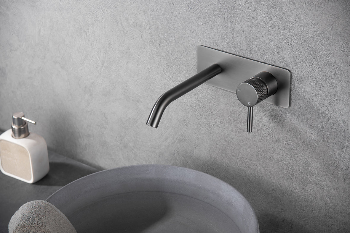 Ribbd eenhendel wastafelkraan met coldstart inbouw compleet gunmetal PVD