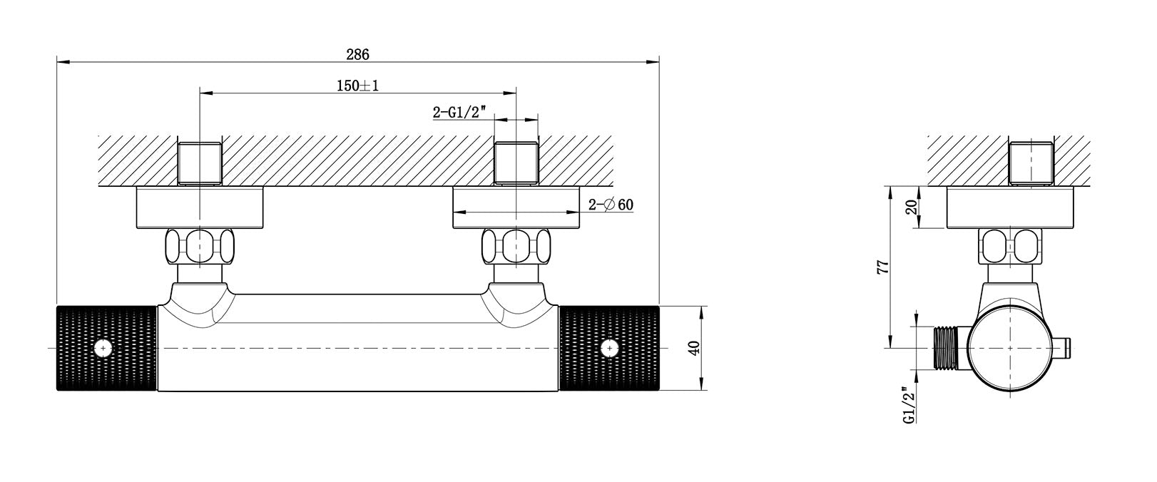Ribbd thermostatische douchemengkraan hartafstand 15 cm mat zwart