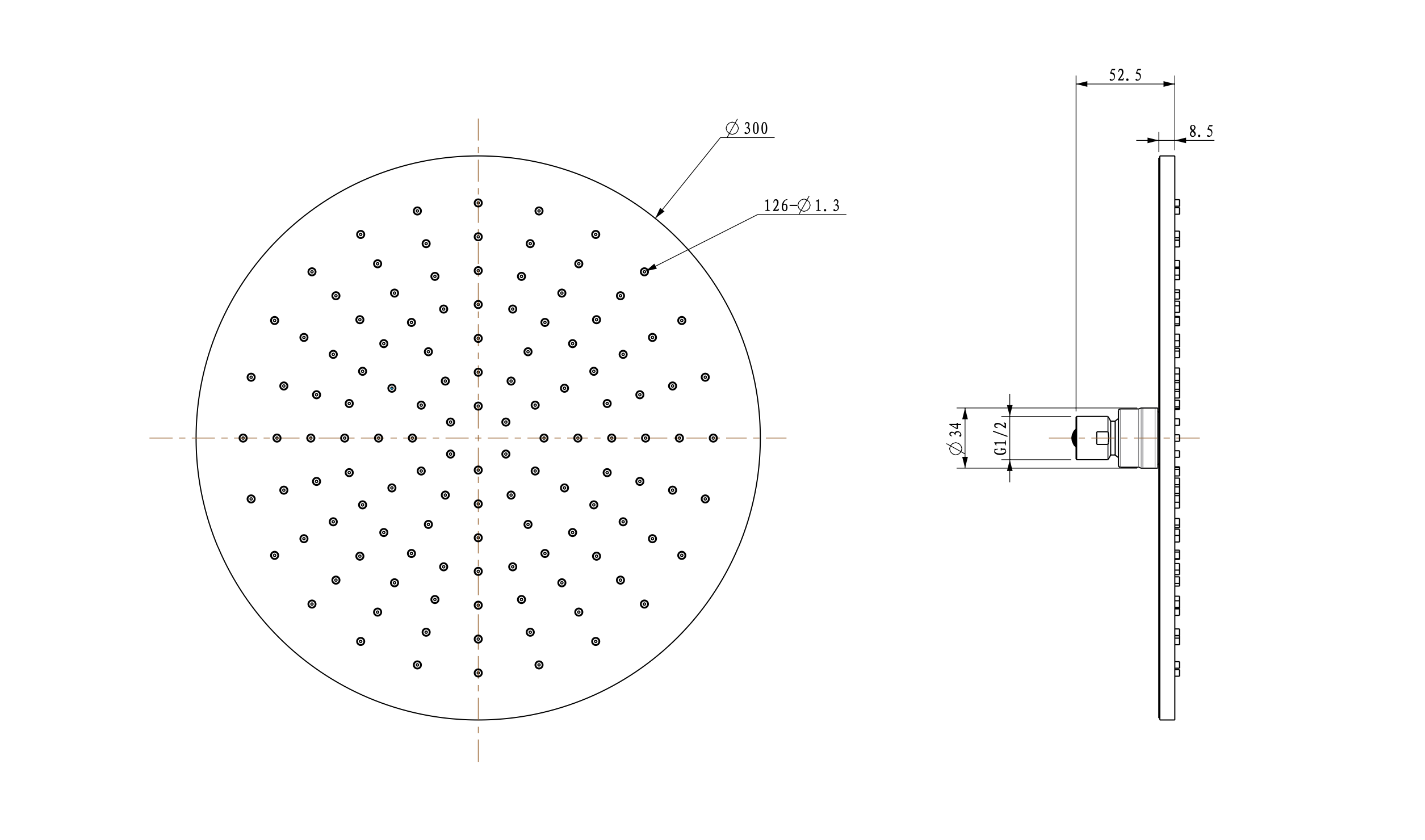 UniMatch hoofddouche rond 30 x 0,8 cm geborsteld messing PVD