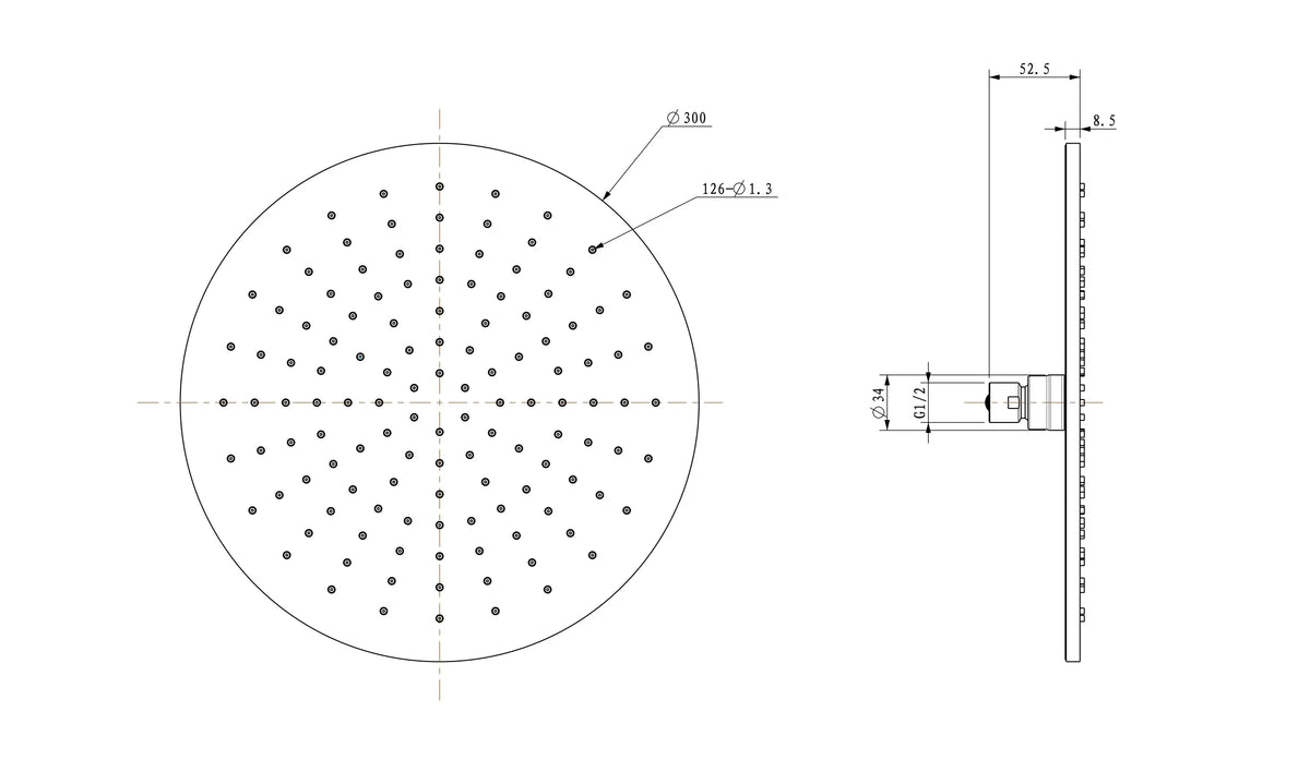 UniMatch hoofddouche rond 30 x 0,8 cm geborsteld messing PVD