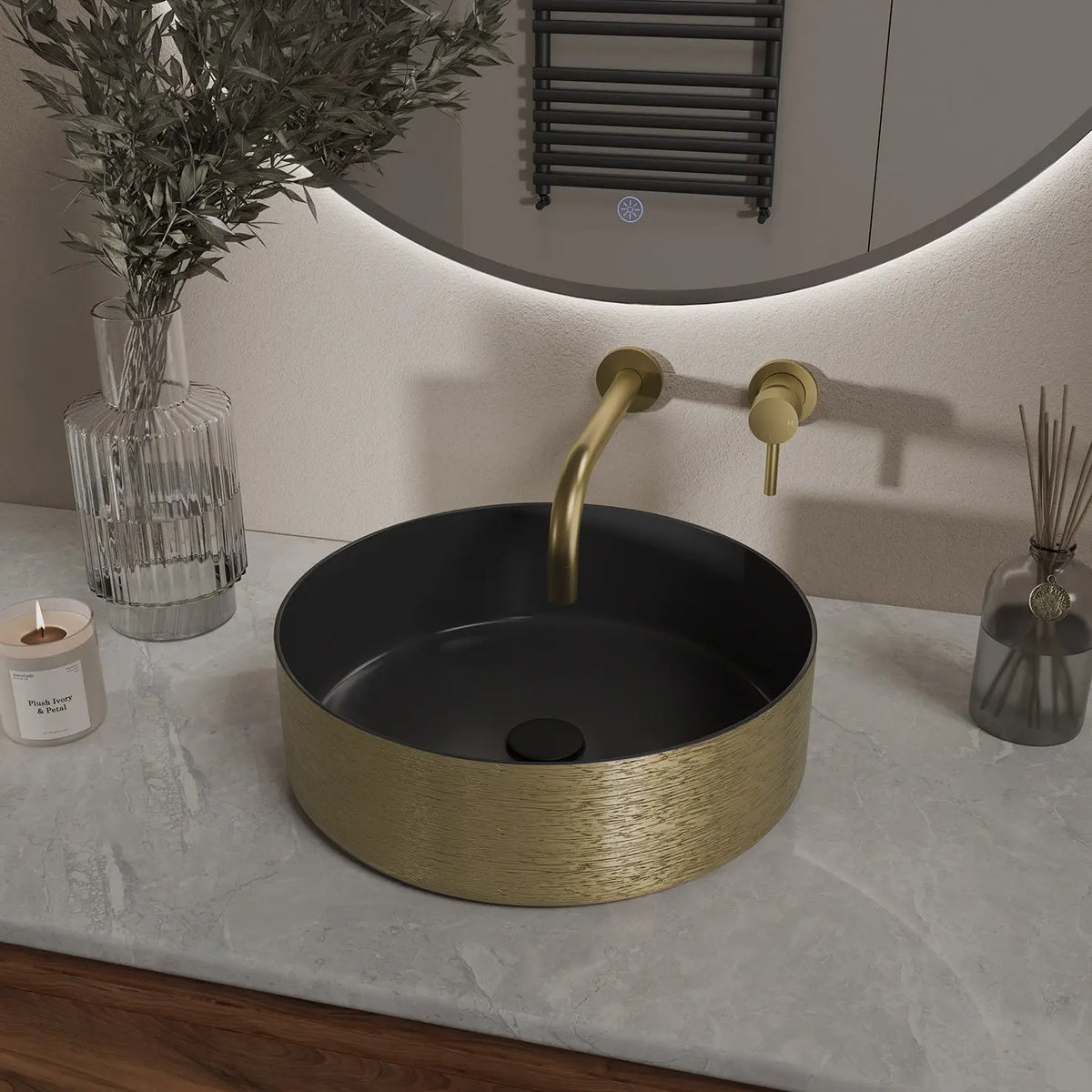 Mondri waskom rond 36 x 36 x 12 cm mat zwart/geborsteld goud