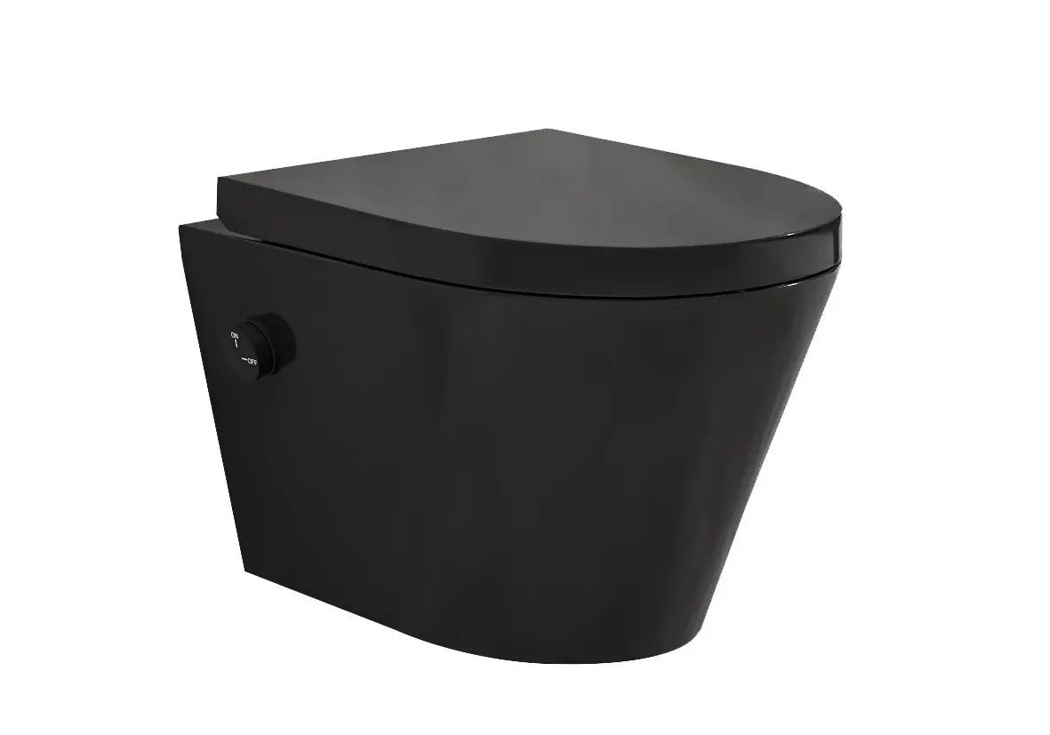 Vesta wandcloset rimless met bidetkraan koud water met Vesta toiletzitting mat zwart