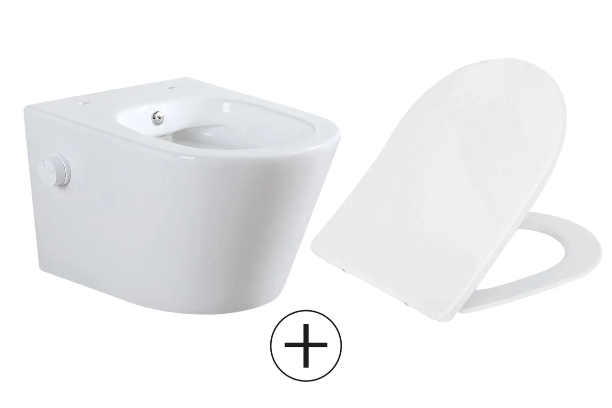Vesta wandcloset rimless met bidetkraan koud water met Shade slim toiletzitting glans wit