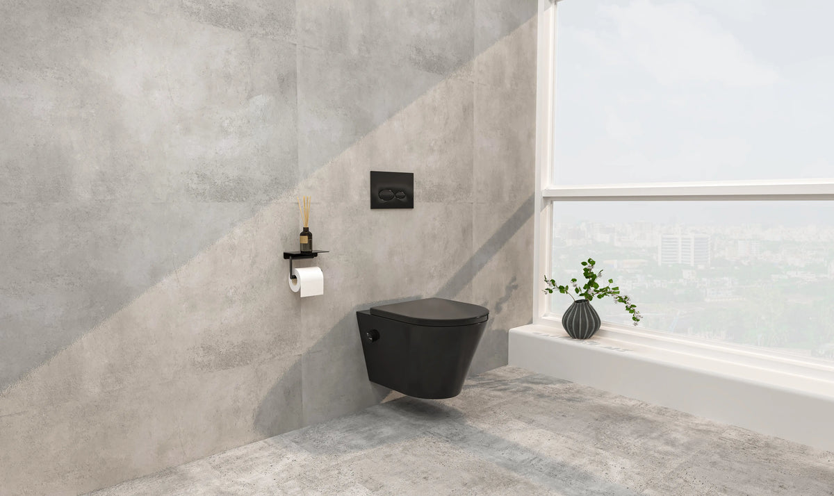 Vesta wandcloset rimless met bidetkraan koud water met Shade slim toiletzitting mat zwart