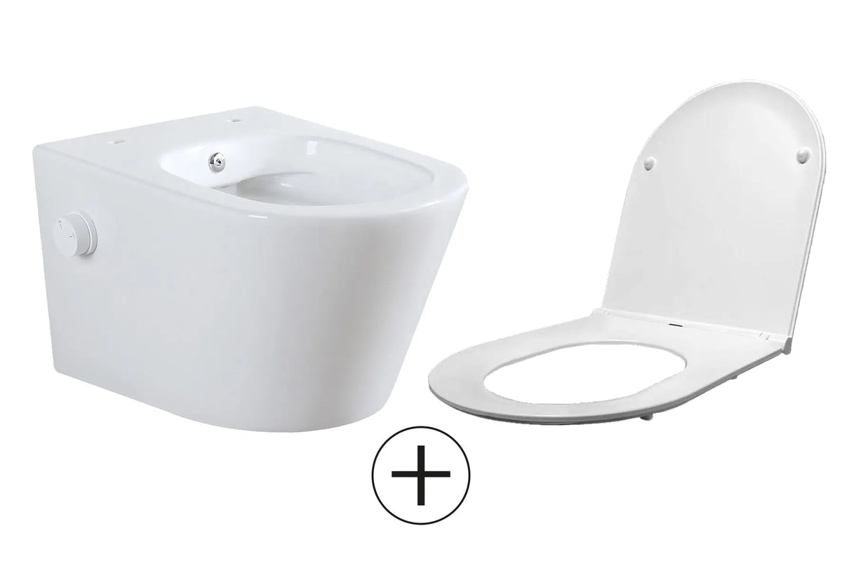 Vesta wandcloset rimless met bidetkraan koud water met Flatline toiletzitting glans wit