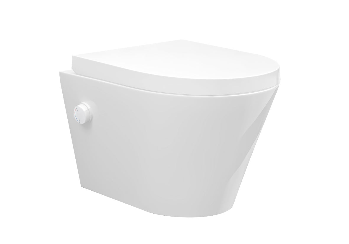 Vesta wandcloset rimless met bidetkraan warm koud water met Vesta toiletzitting glans wit