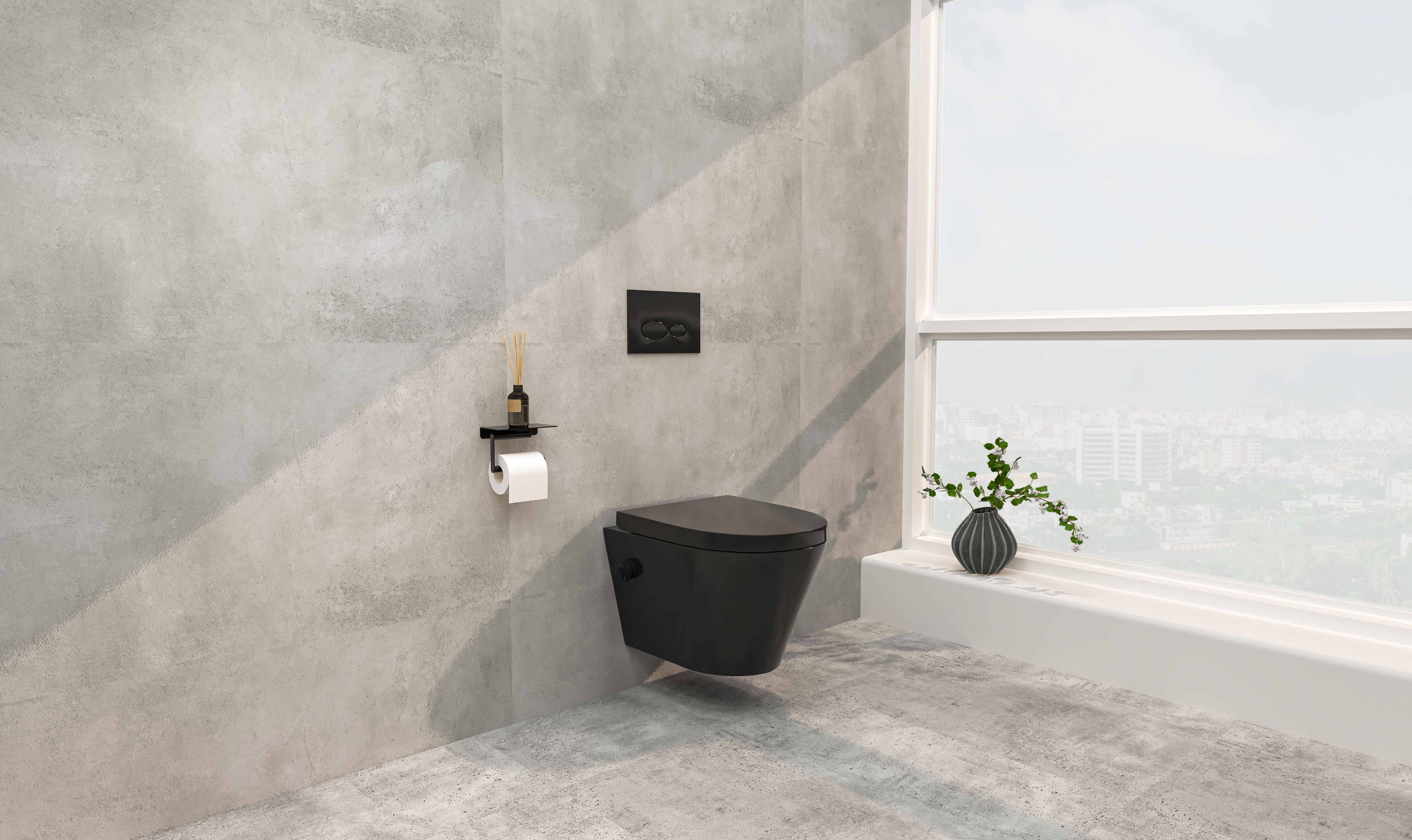 Vesta wandcloset rimless met bidetkraan warm koud water met Vesta toiletzitting mat zwart