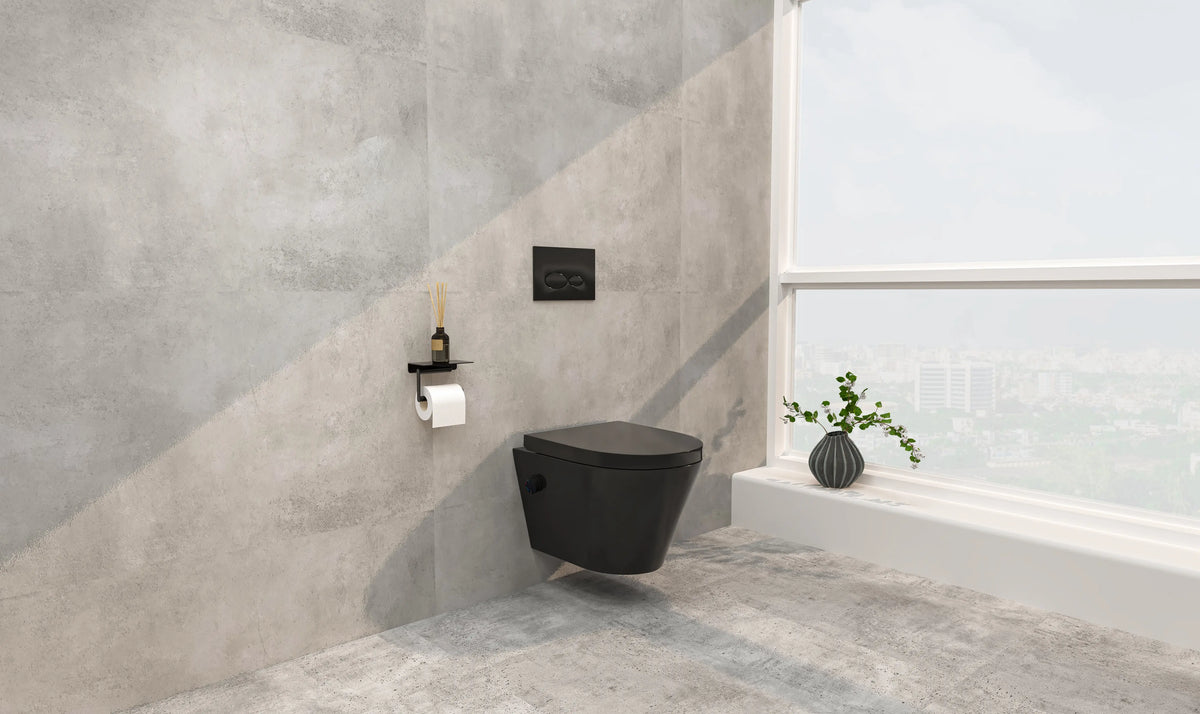 Vesta wandcloset rimless met bidetkraan warm koud water met Vesta toiletzitting mat zwart