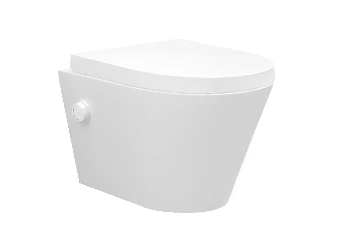 Vesta wandcloset rimless met bidetkraan warm koud water met Vesta toiletzitting mat wit