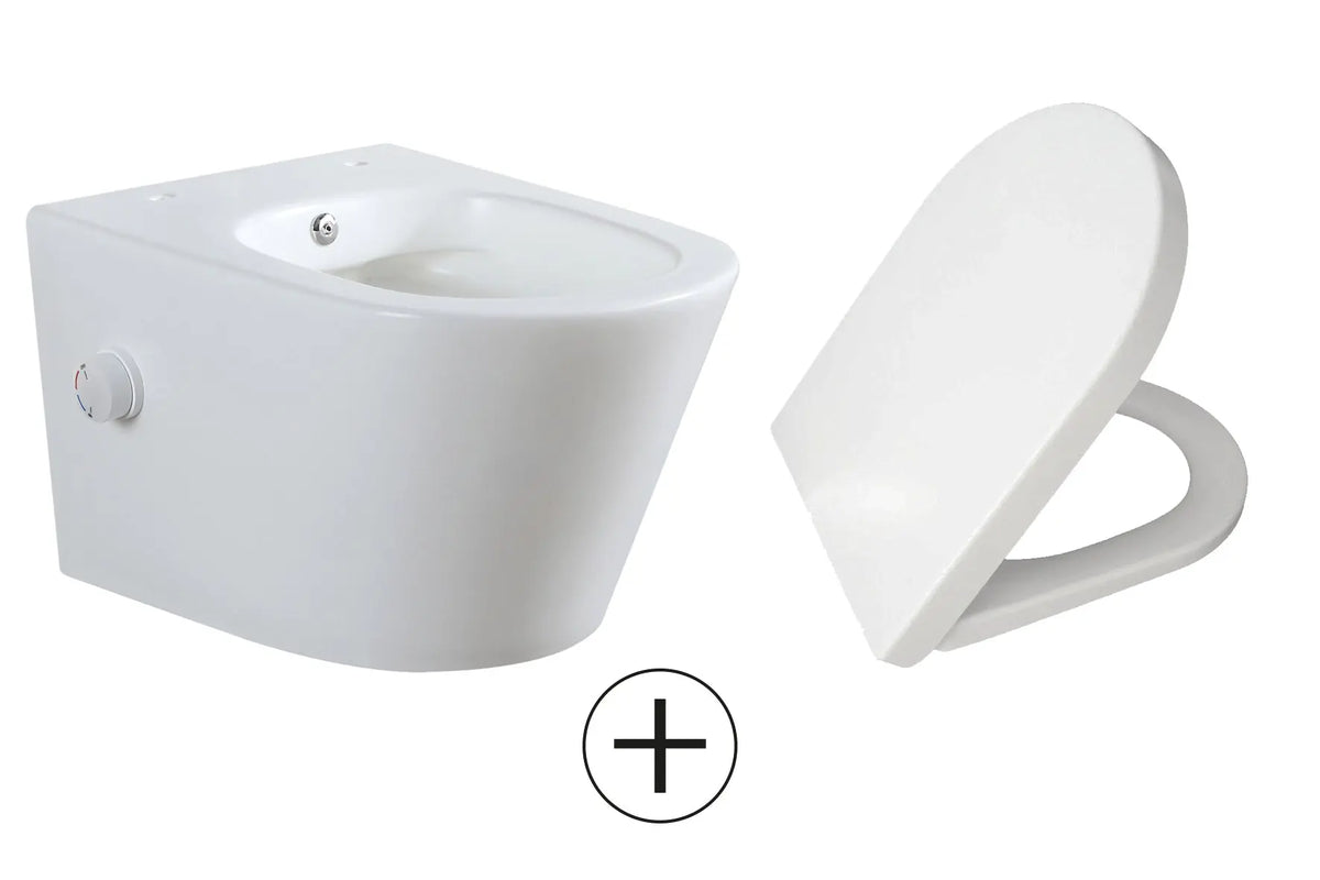 Vesta wandcloset rimless met bidetkraan warm koud water met Vesta toiletzitting mat wit
